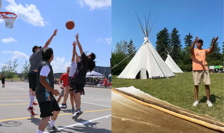 On image left group of teenagers playing basketball outside. Image right, individual standing in front of tipi outside. 